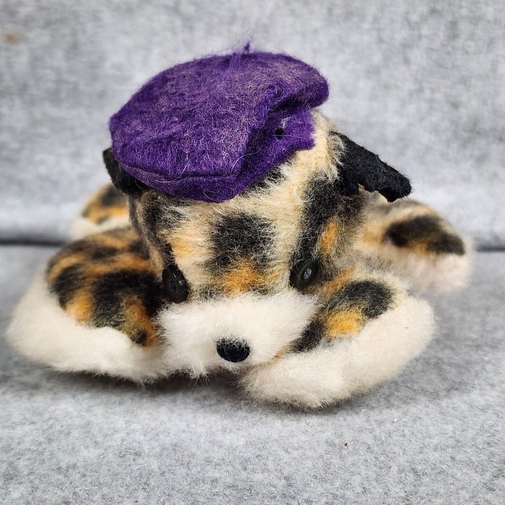 Vintage Handmade Plush Cat Stuffed Animal Purple Beret Folk Art Toy 8‎ Inch